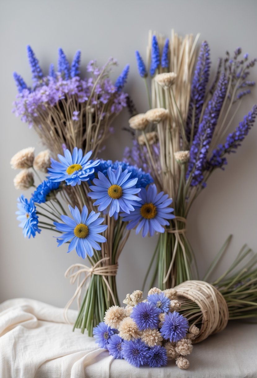 A cluster of 15 dried floral arrangements featuring blue cornflowers and purple statice flowers displayed on a neutral background.