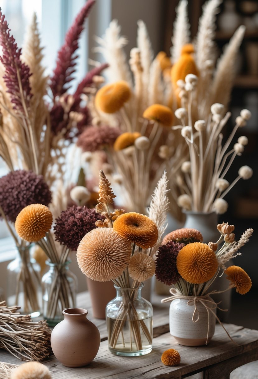 Fifteen dried floral arrangements featuring Celosia and Globe Amaranth flowers displayed on a wooden table with natural lighting.
