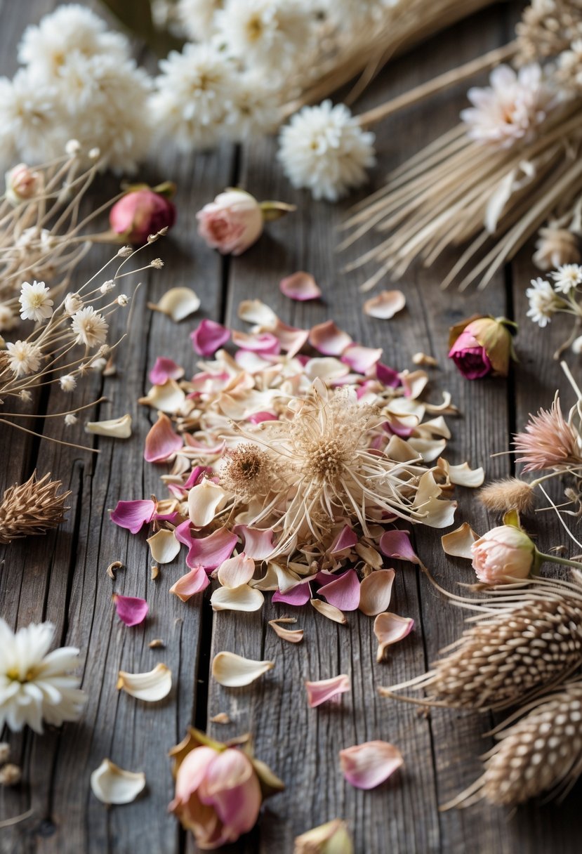 Close-up of dried jasmine flowers and rose petal confetti surrounded by fifteen dried floral arrangements on a wooden surface.