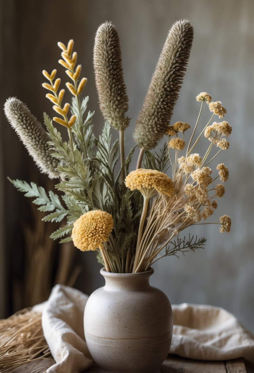A vase holding dried mullein and yarrow flowers on a wooden surface with a softly blurred background.
