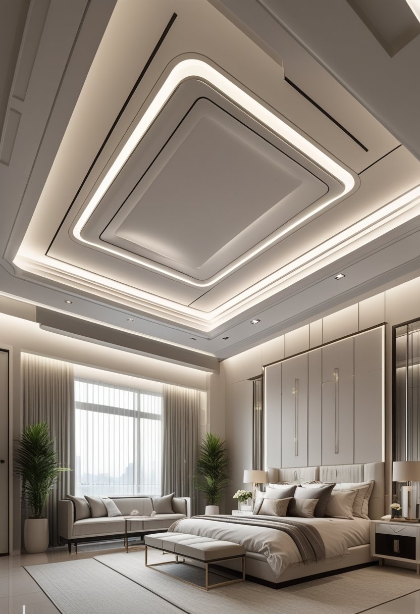 A luxury bedroom with a modern ceiling featuring recessed lighting and architectural details.
