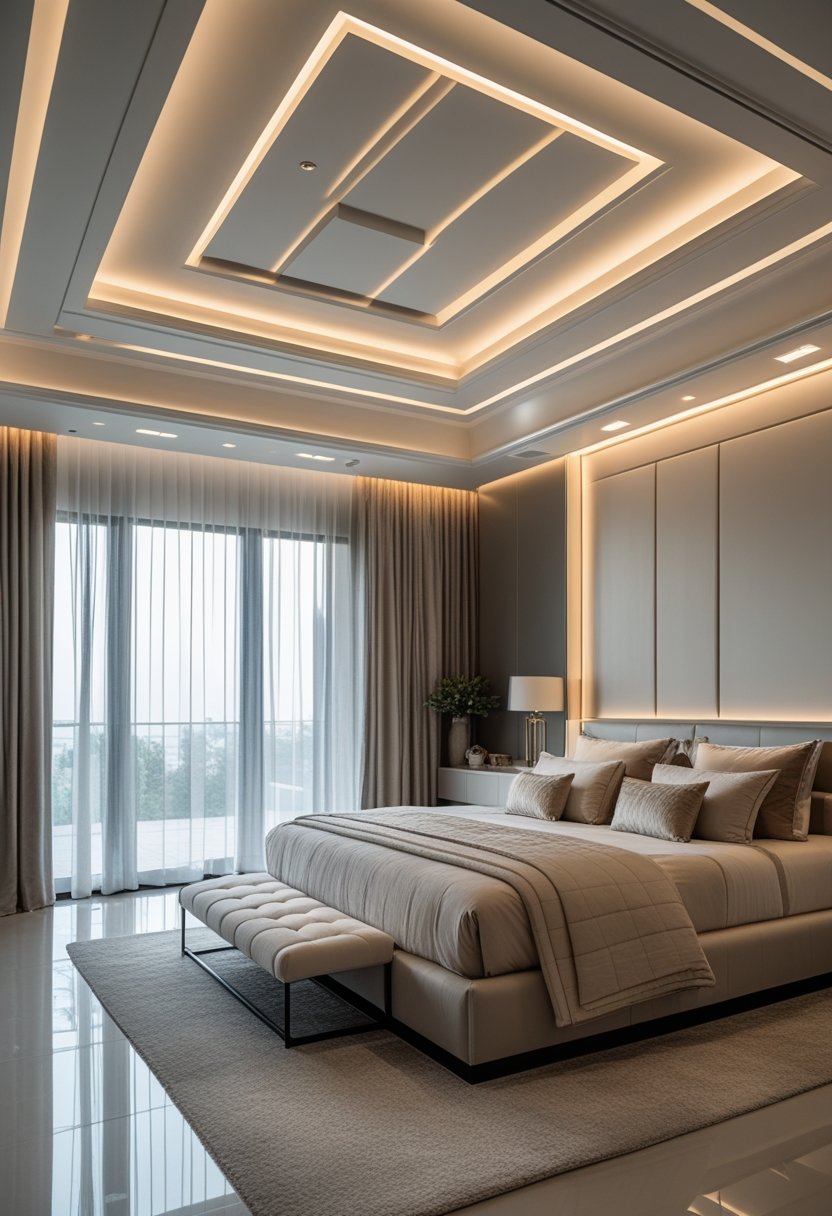A luxury bedroom with a modern ceiling featuring recessed lighting and elegant decor.