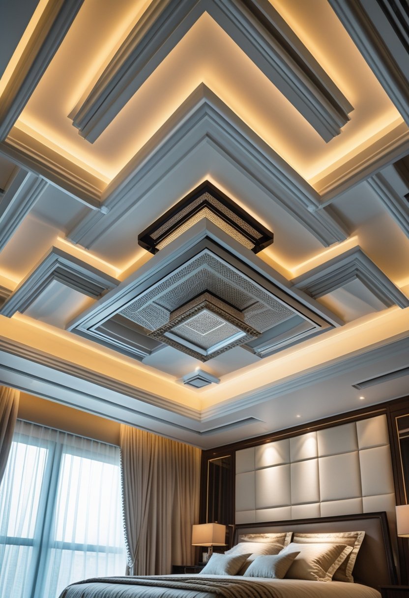 Ceiling of a bedroom with layered and textured design and recessed lighting.