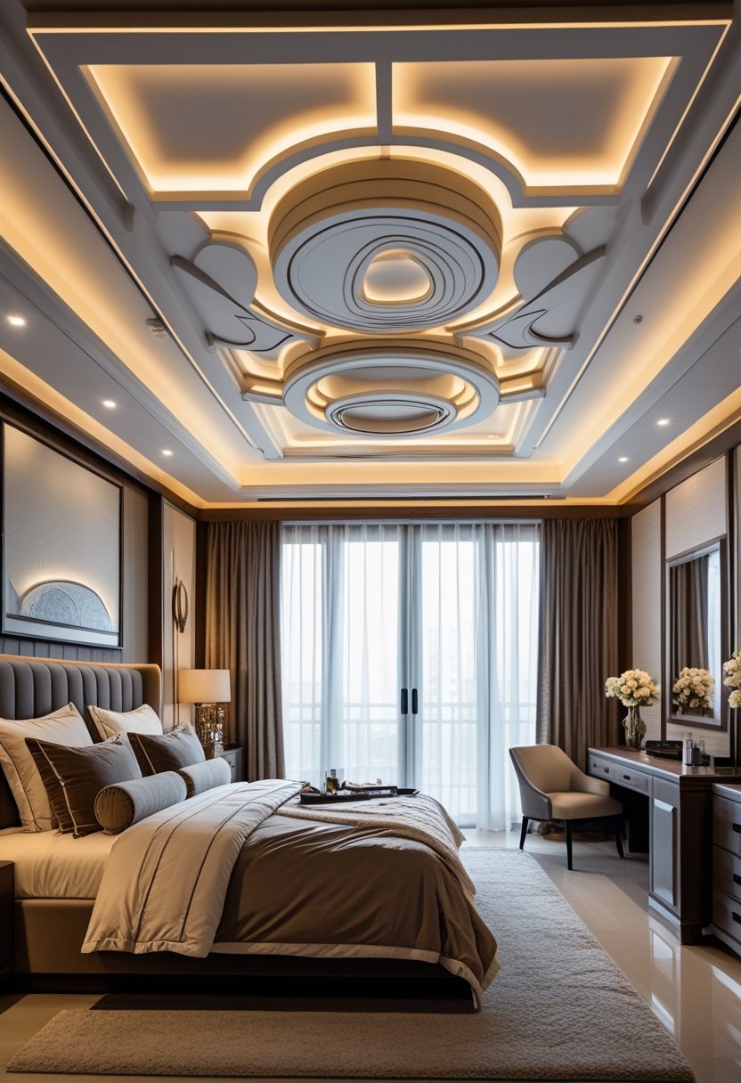 A luxury bedroom with a large bed and a ceiling featuring recessed lighting and artistic design.