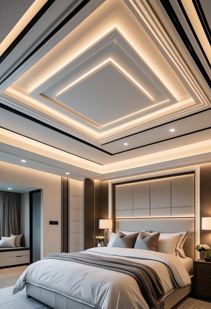 A bedroom with a stylish ceiling featuring recessed lighting and layered design, with a bed and simple decor below.