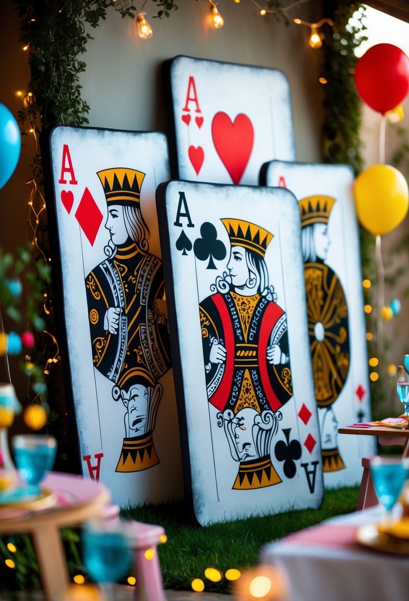 A party scene with large playing card cutouts arranged on a wall surrounded by colorful decorations.