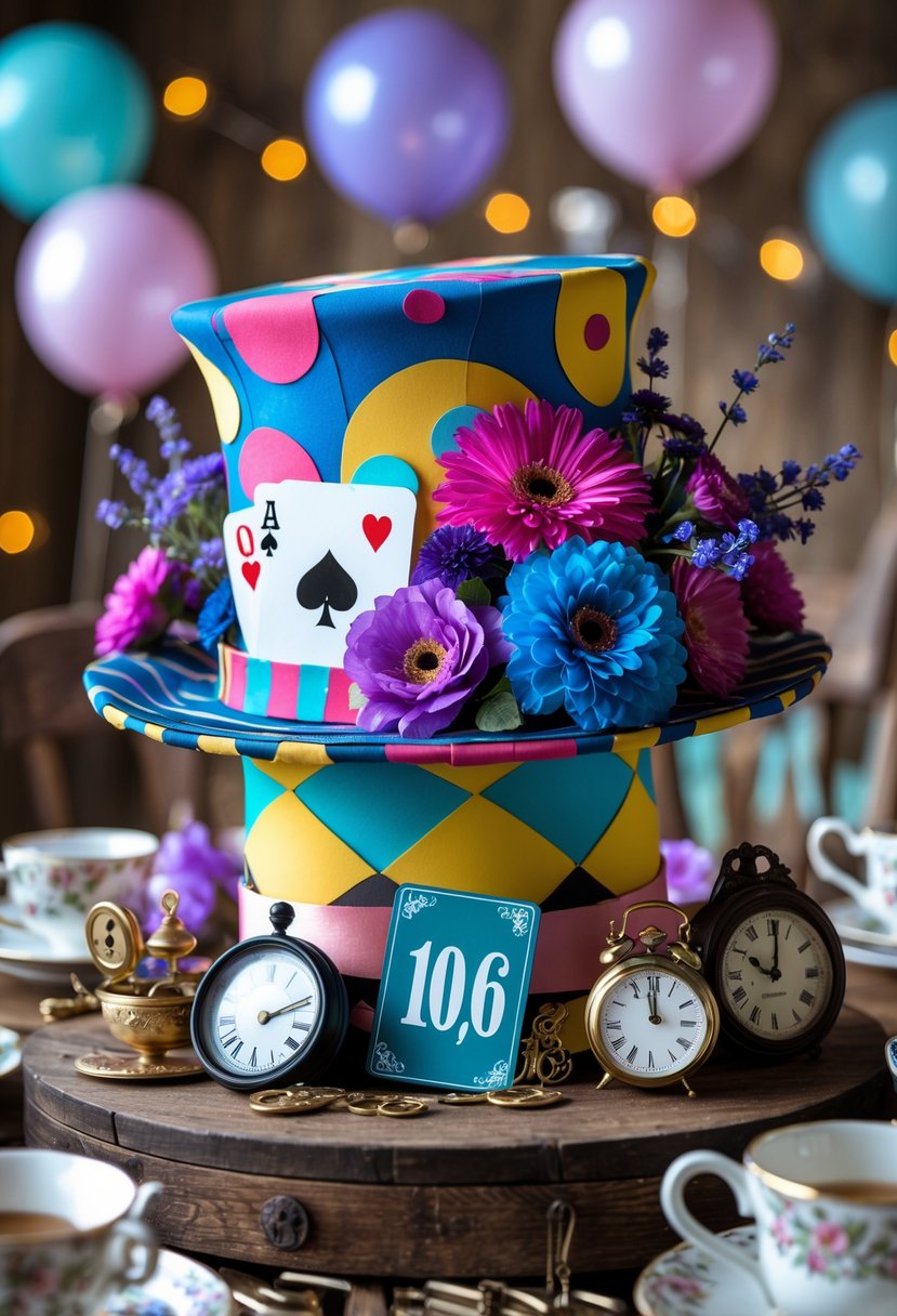 A colorful Mad Hatter top hat centerpiece decorated with playing cards, flowers, and party elements on a wooden table.