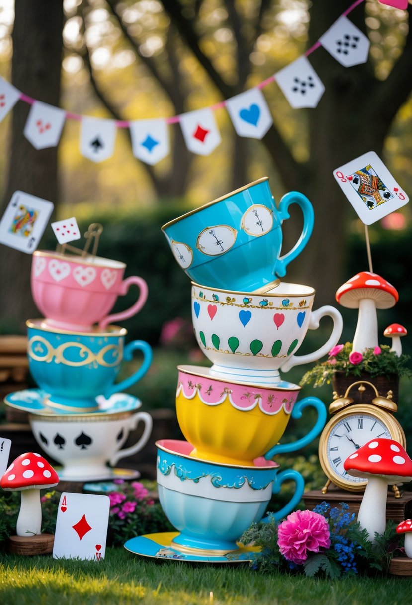 Oversized colorful teacup props arranged outdoors with Alice in Wonderland themed decorations including playing cards and flowers.