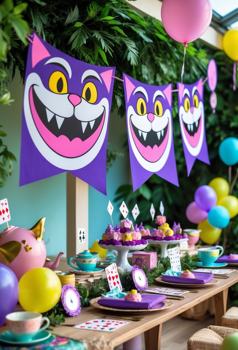 A decorated indoor party space with multiple Cheshire Cat smile banners hanging above a table set with Alice in Wonderland themed decorations including teacups, playing cards, and balloons.