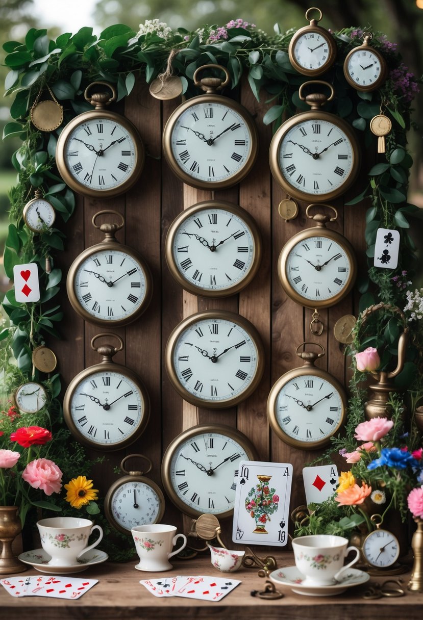 A party scene decorated with vintage pocket watch wall clocks, flowers, playing cards, and teacups arranged on a wooden backdrop.