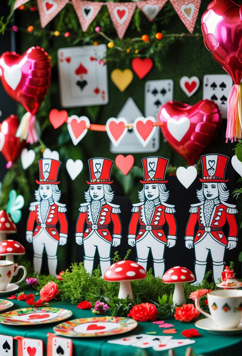 A decorated party scene with Queen of Hearts card soldier decals and Alice in Wonderland themed decorations including heart balloons and teacups.