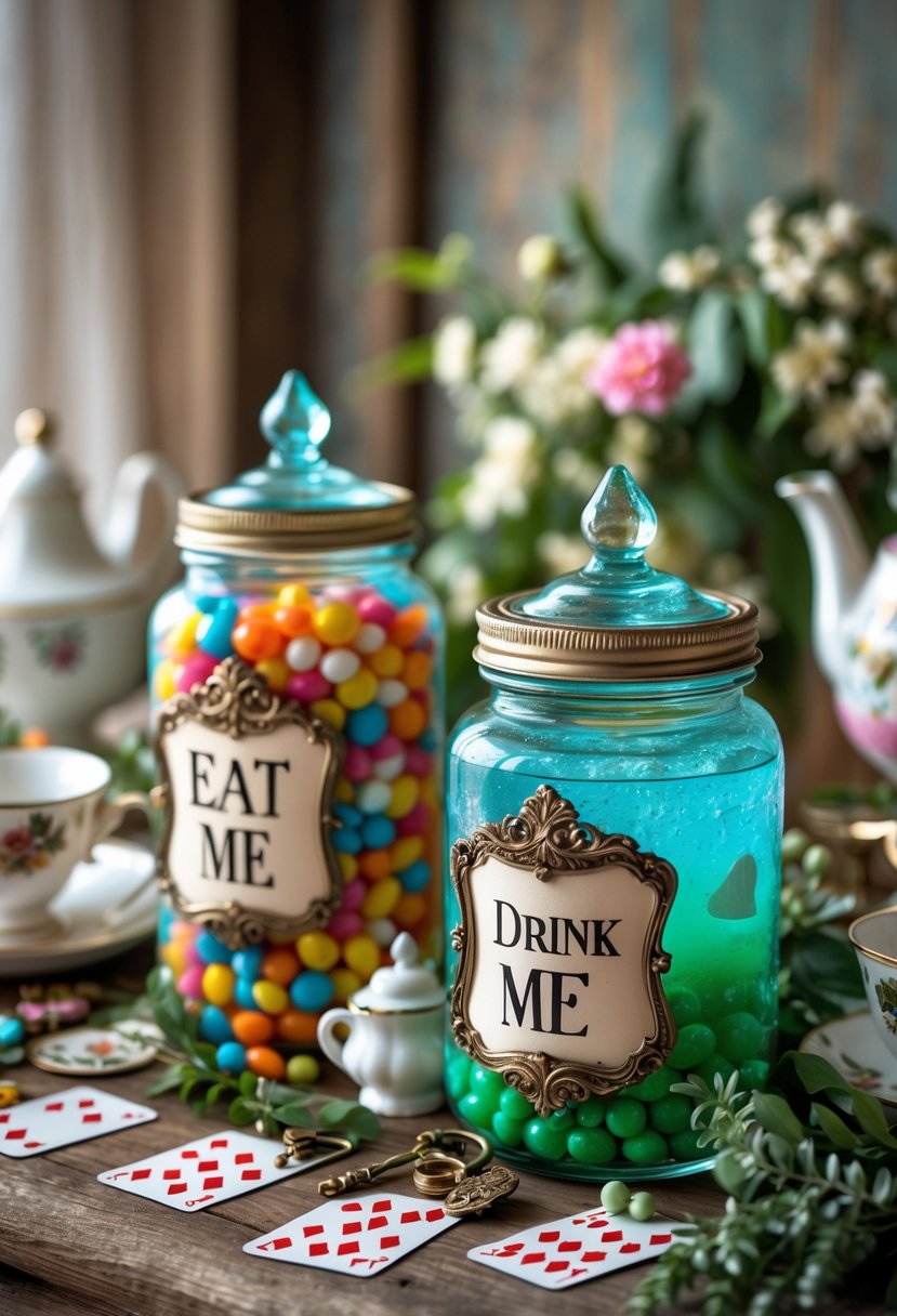Two decorative jars with candy and drink surrounded by whimsical party decorations on a wooden table.