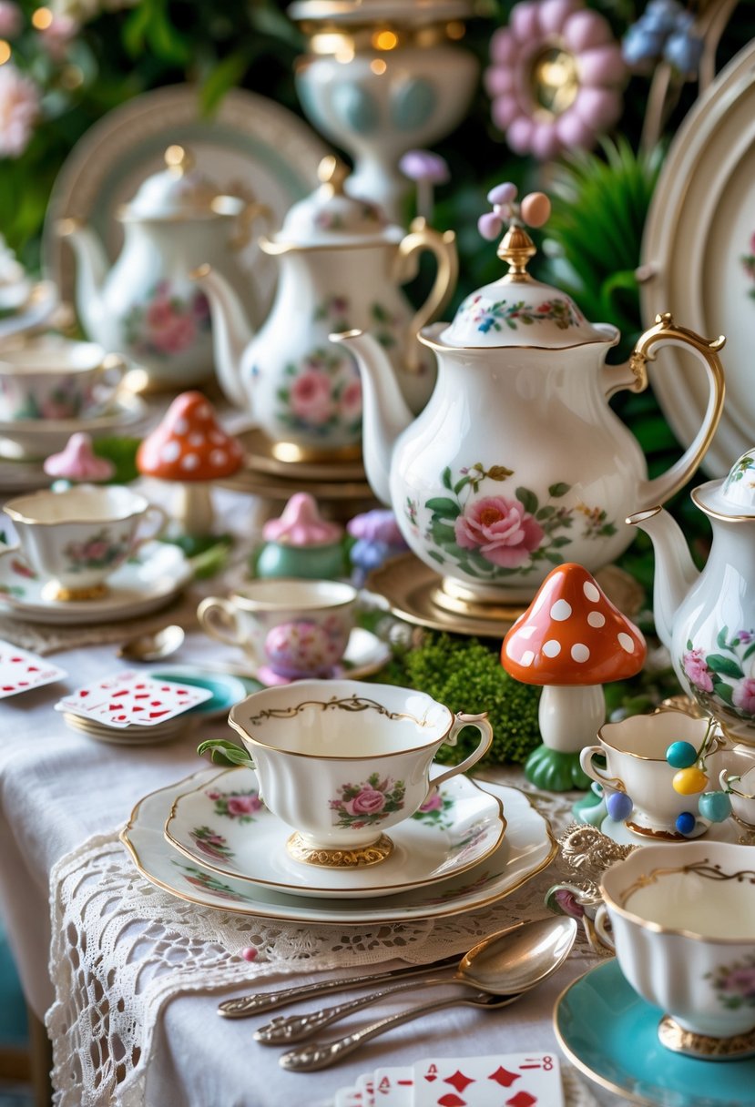 A table set with vintage teapots and teacups surrounded by whimsical decorations inspired by Alice in Wonderland.