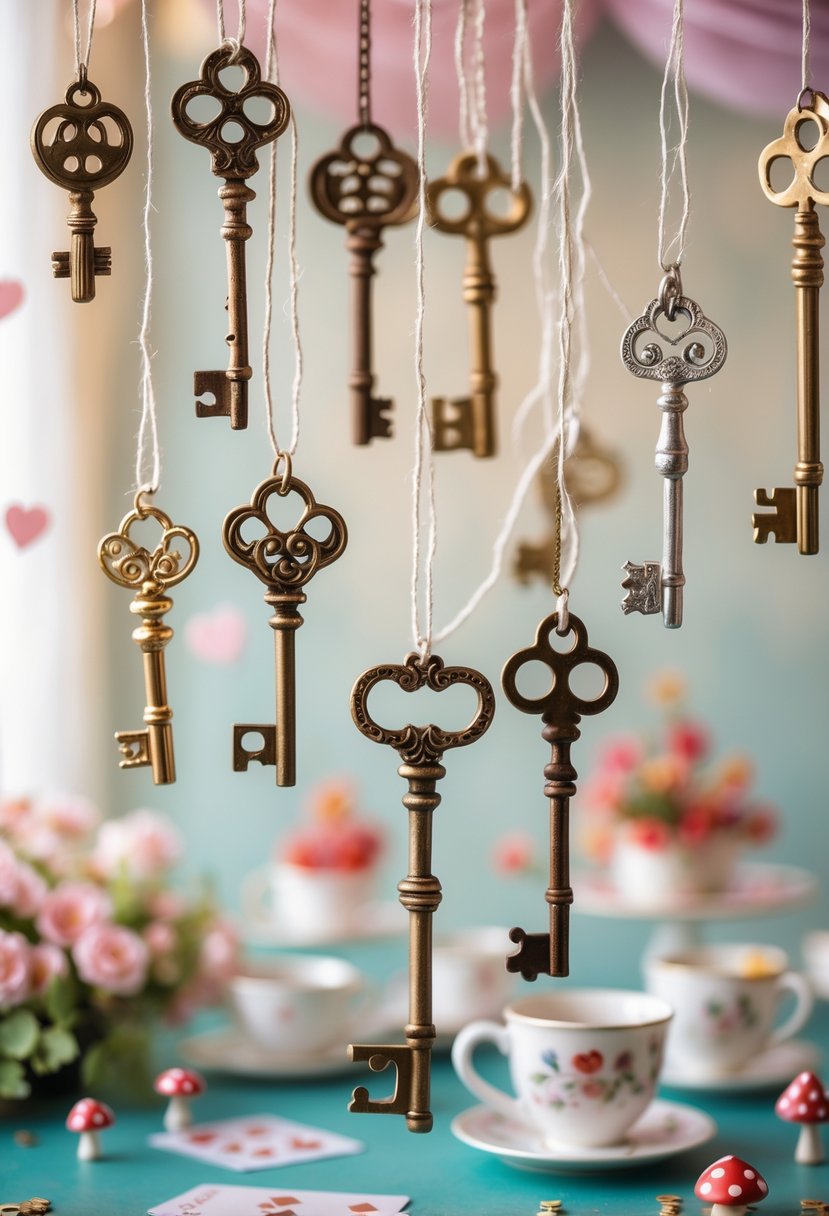 Hanging garlands of various vintage keys displayed as party decorations with subtle Alice in Wonderland themed elements in the background.