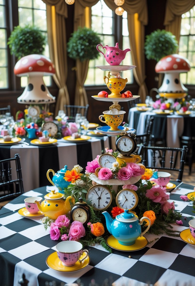 Tables with black and white checkered tablecloths decorated with Alice in Wonderland themed party items like playing cards, teapots, teacups, flowers, and clocks.