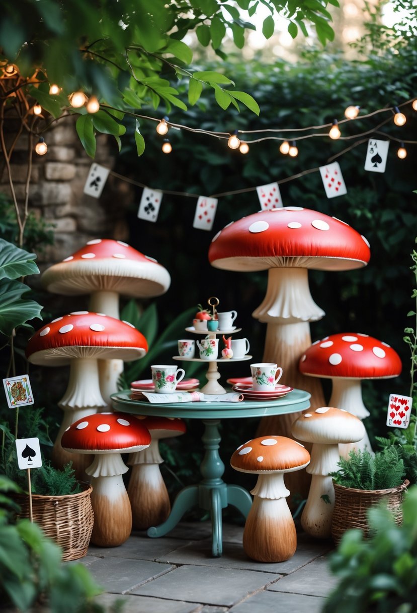 A garden party scene with colorful mushroom-shaped stools arranged around a table, decorated with Alice in Wonderland themed items and surrounded by greenery.