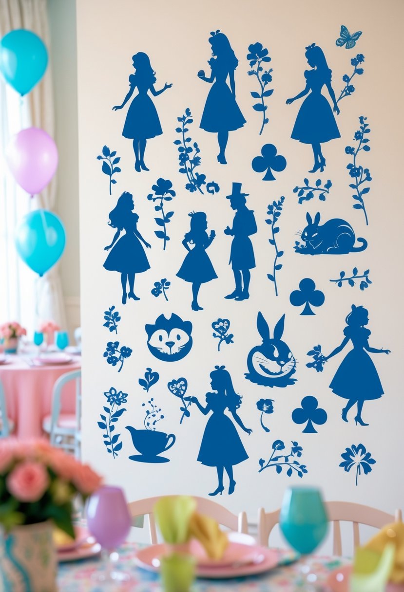 A wall decorated with silhouette decals of Alice in Wonderland characters and party decorations in a softly lit room.
