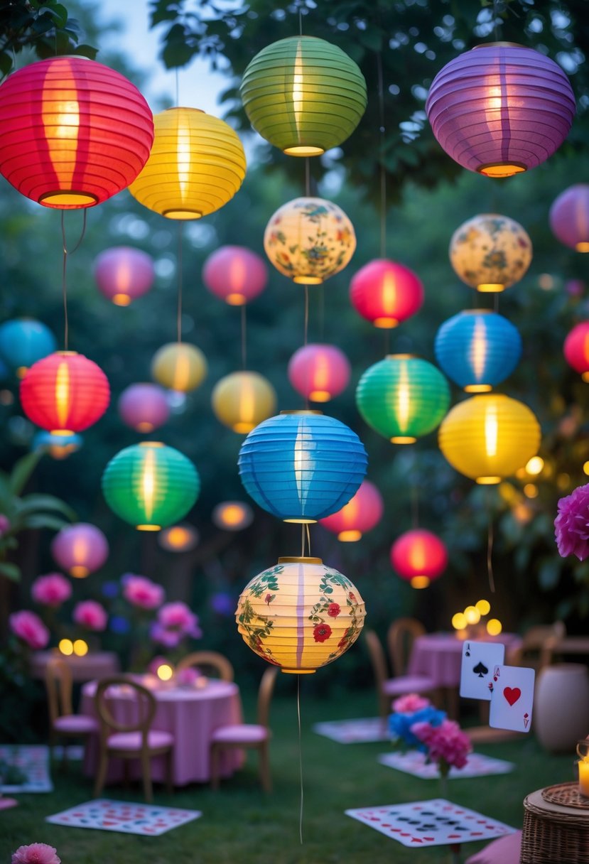 Colorful paper lanterns floating in the air above a garden decorated with flowers and tea party elements.