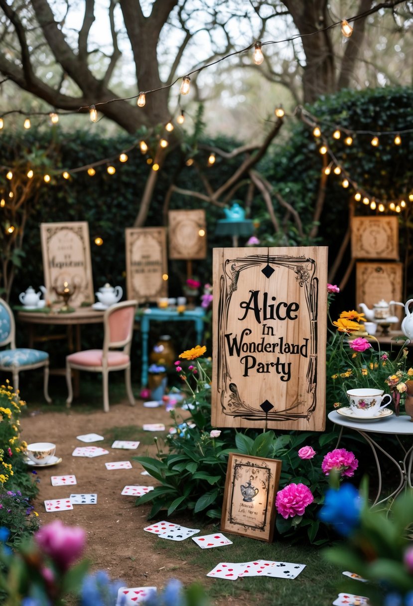 A garden party setup with wooden signs, vintage teacups, playing cards, flowers, and fairy lights creating a magical atmosphere.