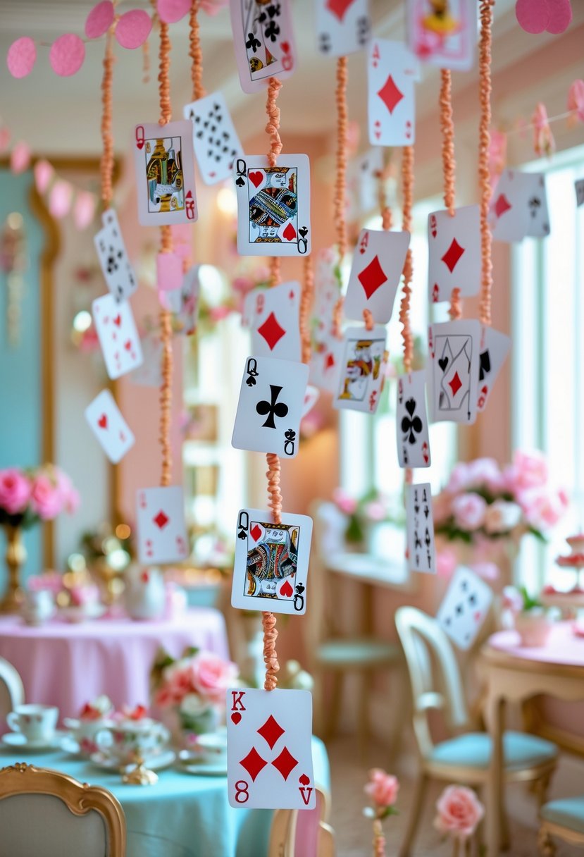 Hanging playing card garlands decorated with Alice in Wonderland themed elements in a softly lit party setting.