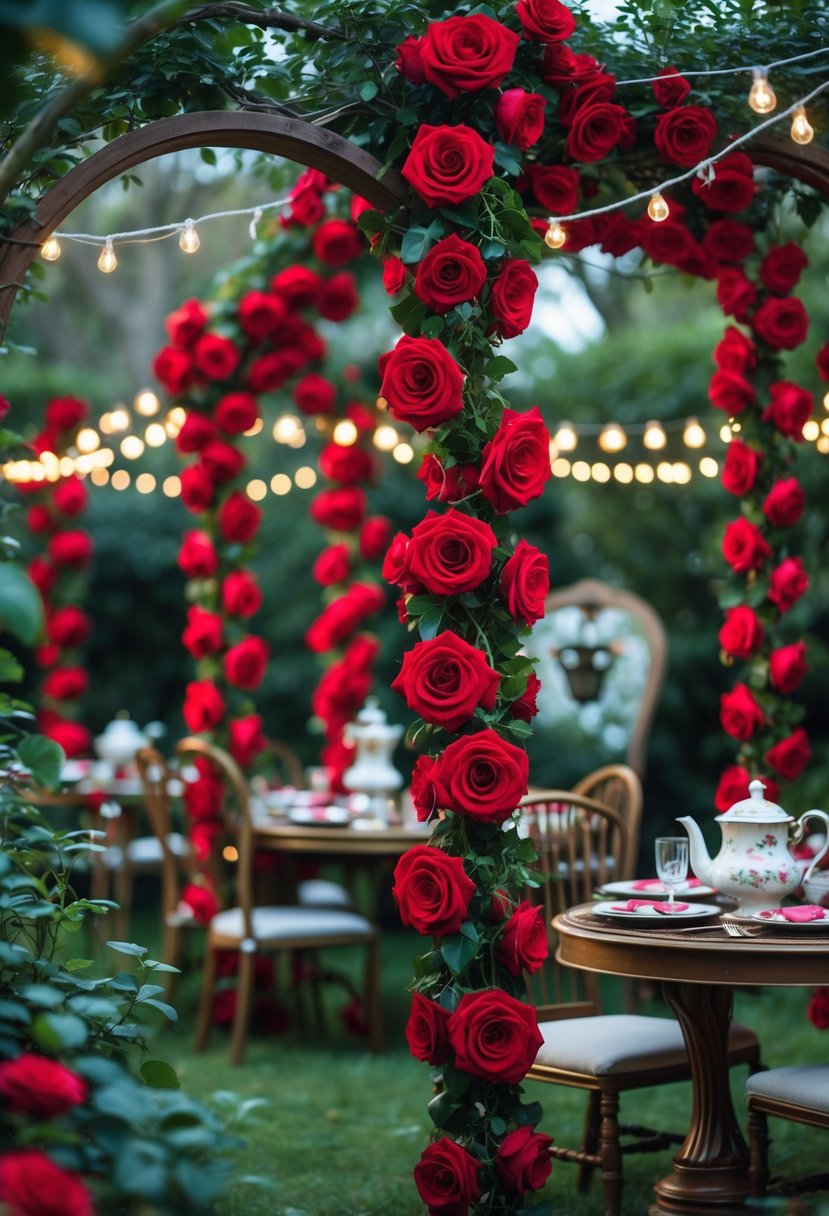 Red rose garlands decorating a garden party setup with greenery and whimsical Alice in Wonderland themed elements like teacups and playing cards.