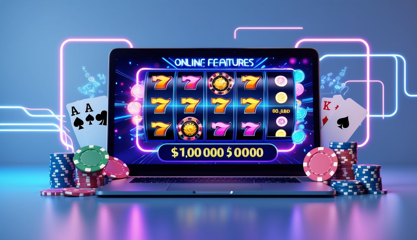 Layar komputer menampilkan grafik permainan slot online dengan simbol warna-warni dan latar belakang futuristik.