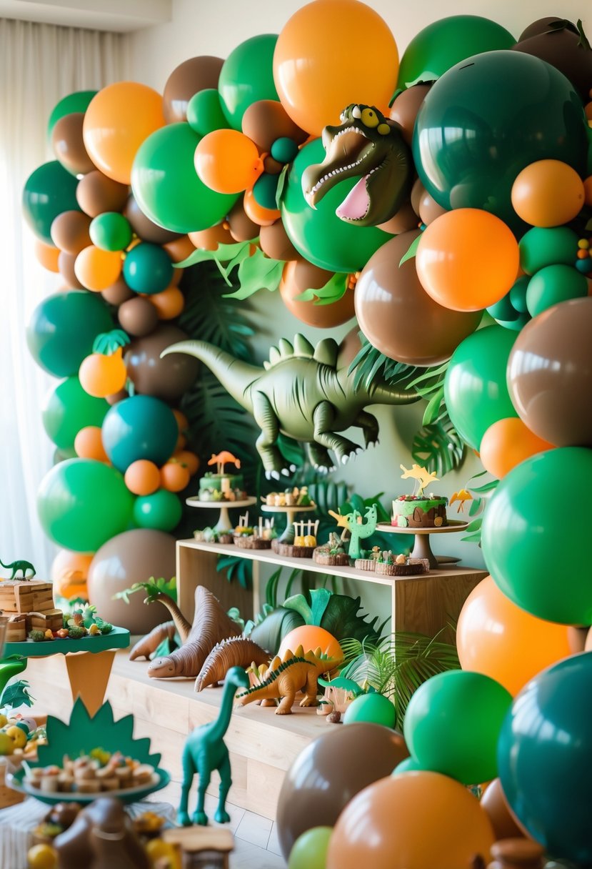 A colorful dinosaur-themed party setup with balloon garlands in green, brown, and orange tones and various dinosaur decorations arranged on a table.