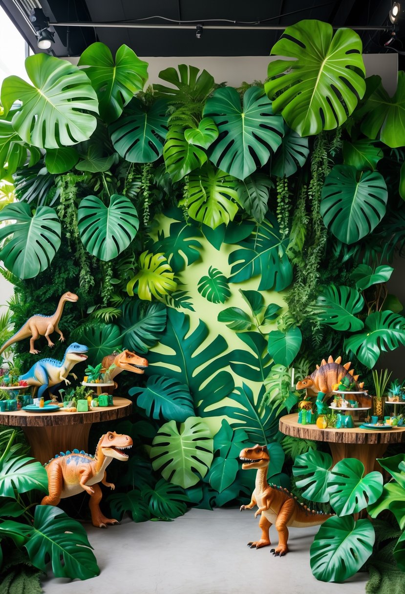 A colorful jungle scene with large tropical leaves and various dinosaur-themed decorations arranged for a party.