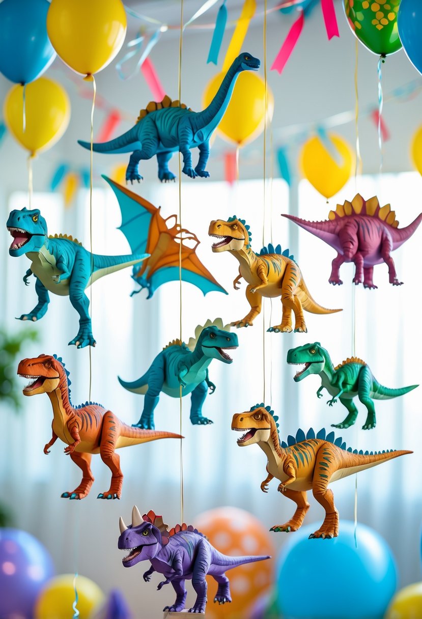 Various colorful hanging paper dinosaur decorations in different species arranged for a party.