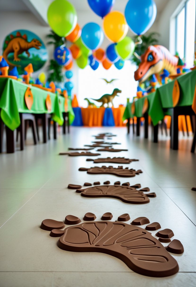 Dinosaur footprint decals on the floor leading to a decorated party area with balloons and dinosaur decorations.