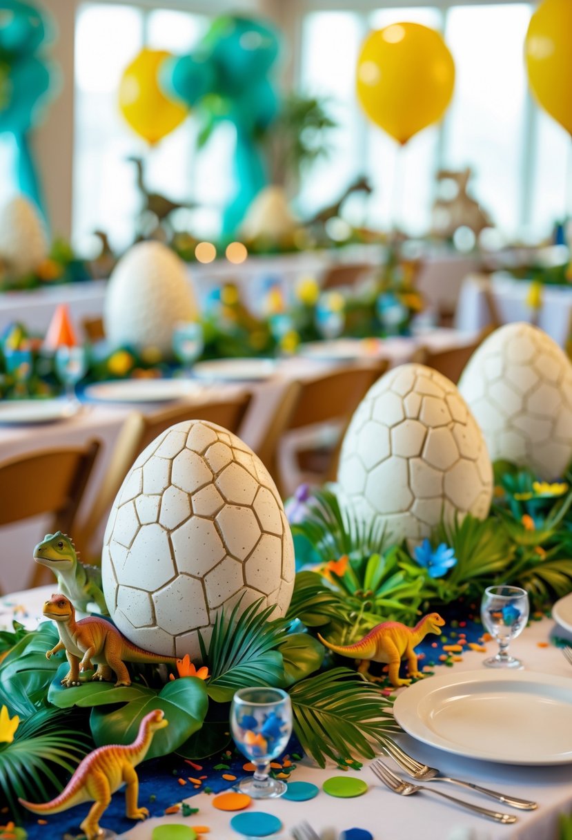 Tables decorated with realistic dinosaur egg centerpieces and various dinosaur-themed party decorations in a bright party setting.