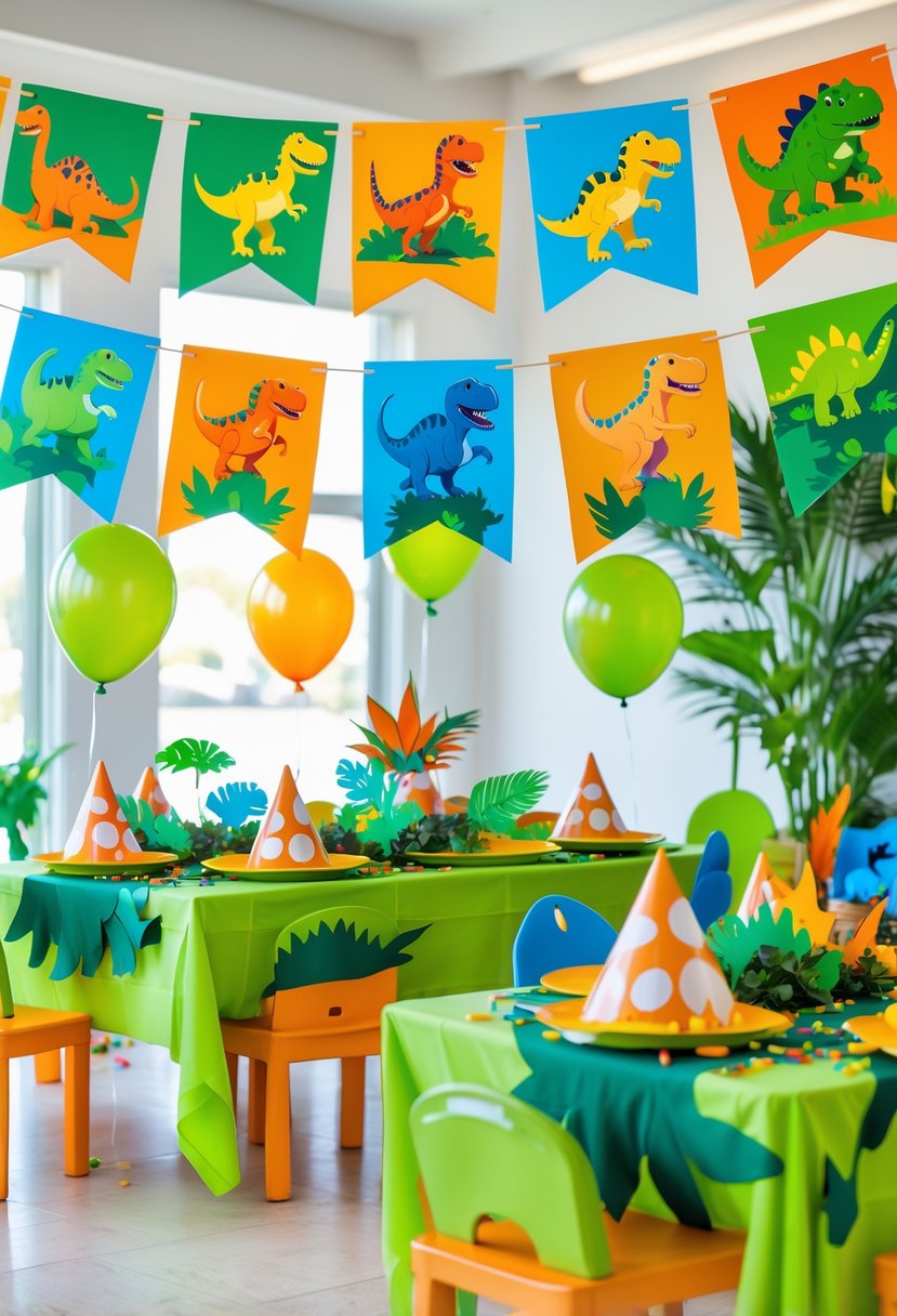 A colorful indoor party setup with dinosaur decorations, balloons, and themed table centerpieces.