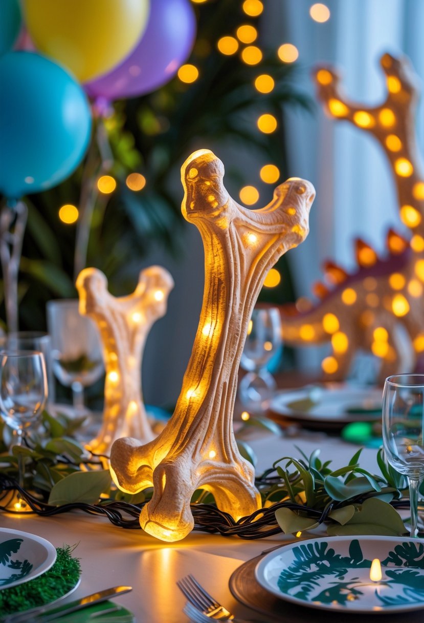 String lights shaped like dinosaur bones glowing as part of dinosaur-themed party decorations.