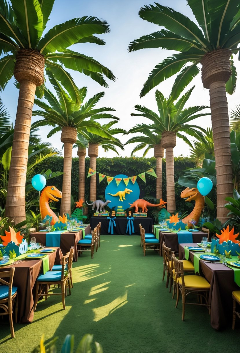 A party setup with faux palm trees and colorful dinosaur decorations creating a prehistoric landscape.