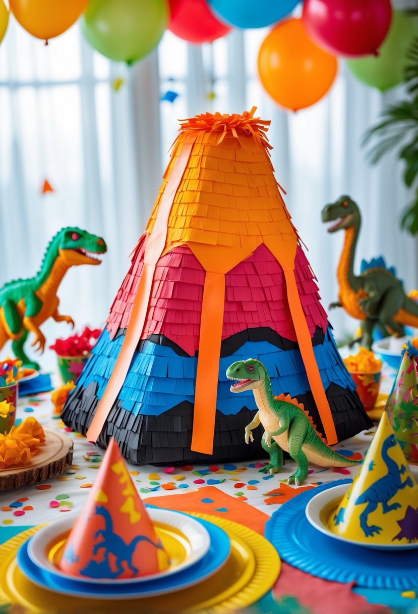 A volcano-shaped piñata in reds and oranges surrounded by dinosaur party decorations on a festive table.