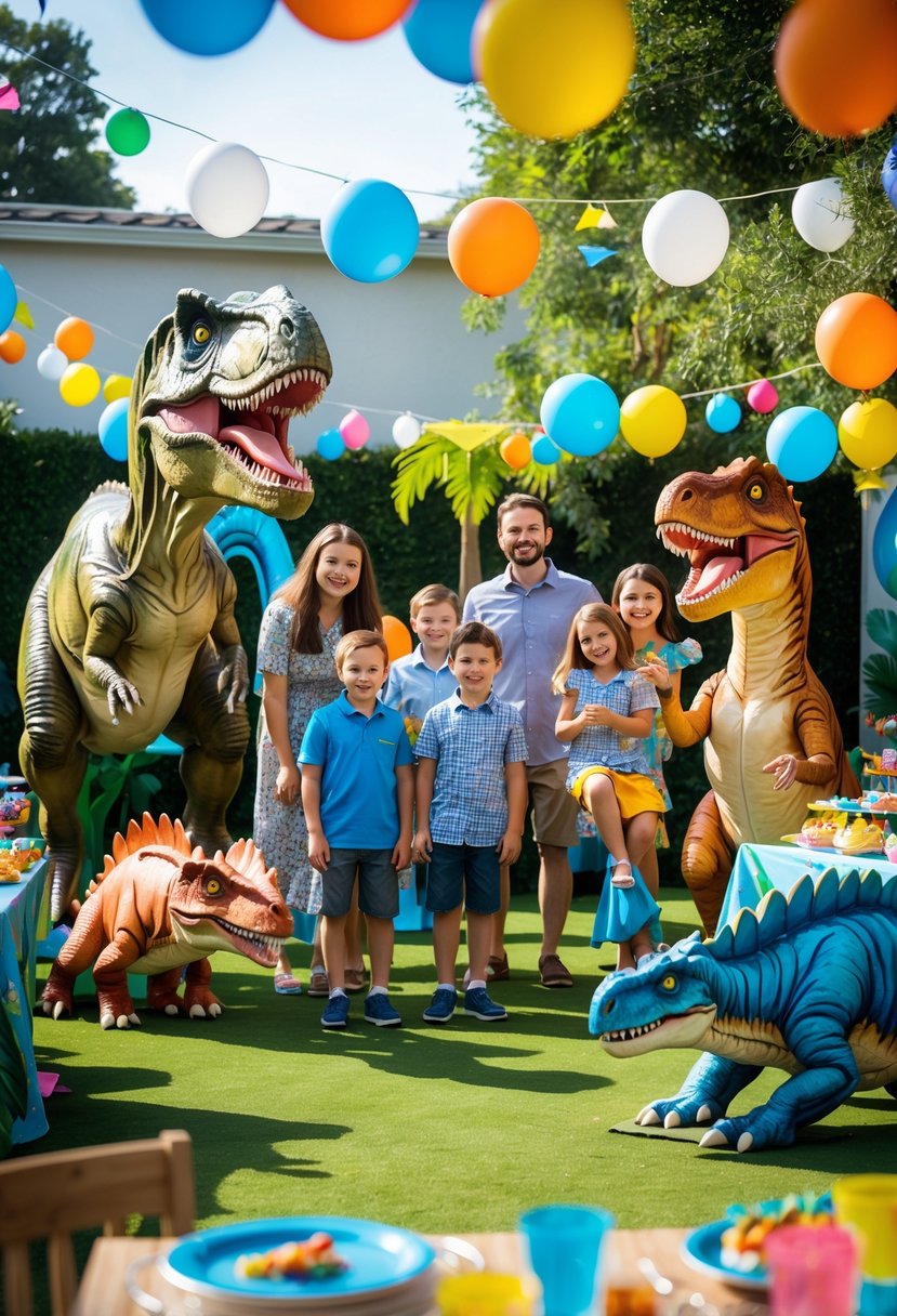A party scene with life-sized dinosaur cutouts surrounded by colorful decorations and people posing for photos.