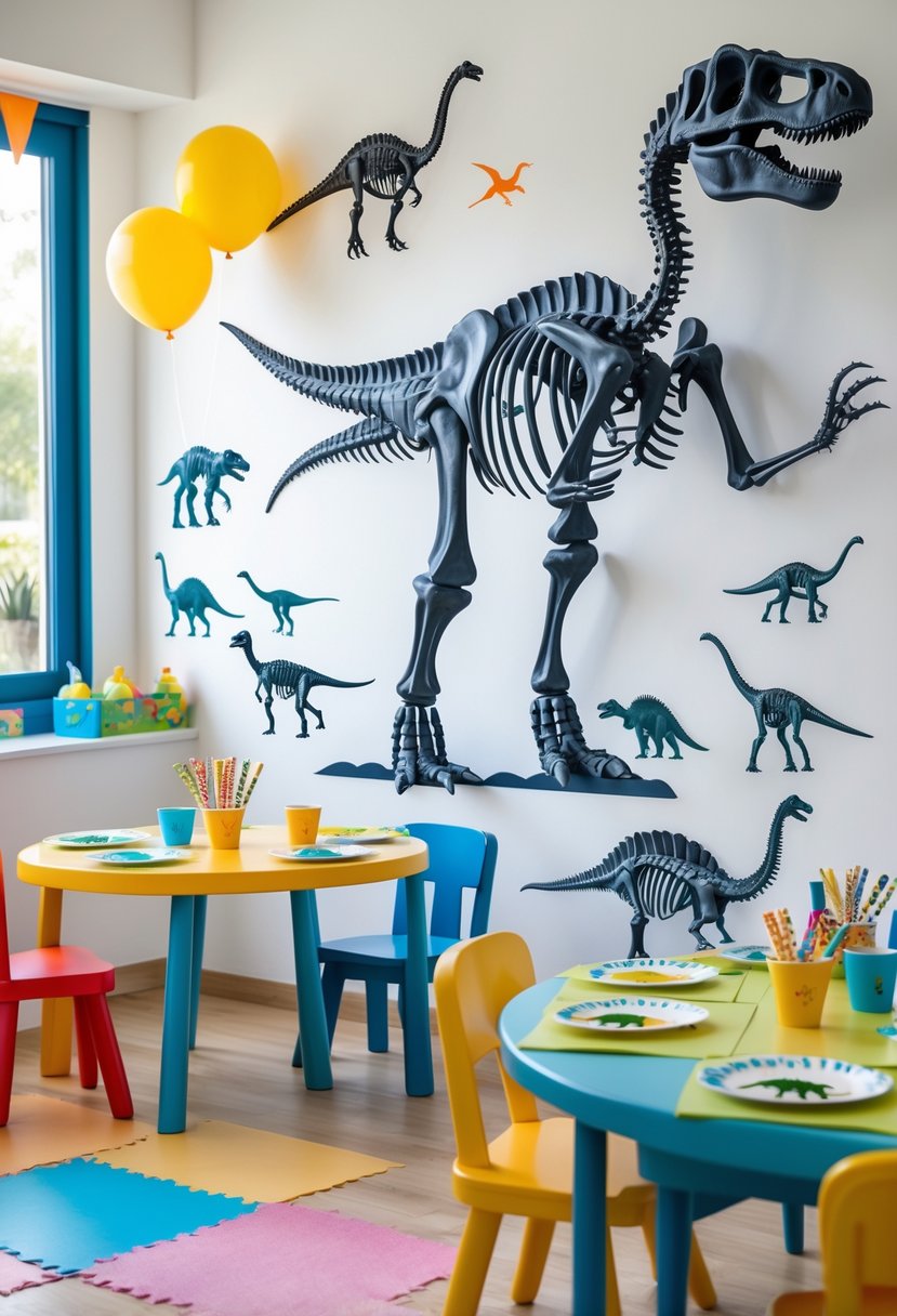 Children's party room decorated with dinosaur skeleton wall decals and colorful dinosaur-themed party decorations.