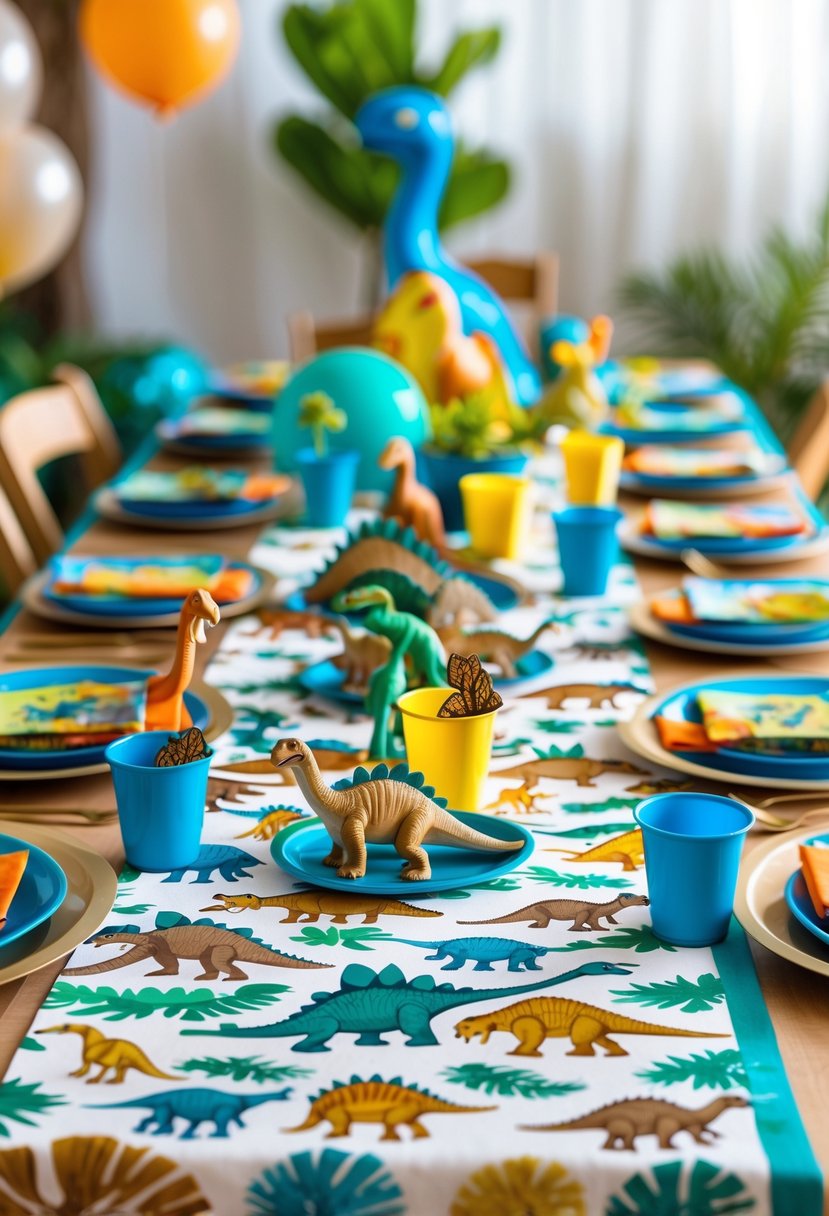 A party table decorated with dinosaur fossil printed table runners and various dinosaur-themed decorations including figurines, plates, and balloons.
