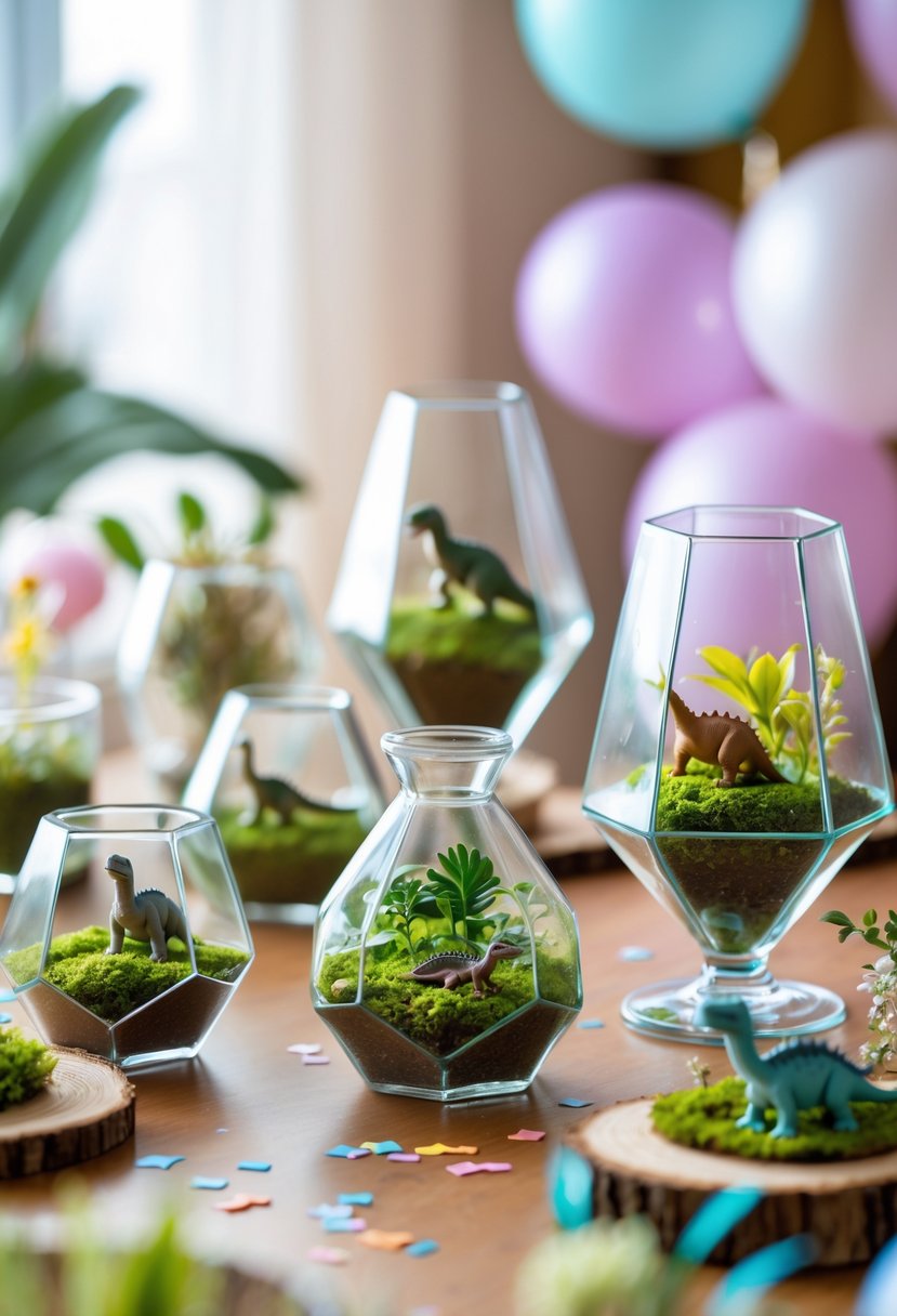 A wooden table decorated with small glass terrariums containing miniature dinosaur figurines and plants, surrounded by party decorations.