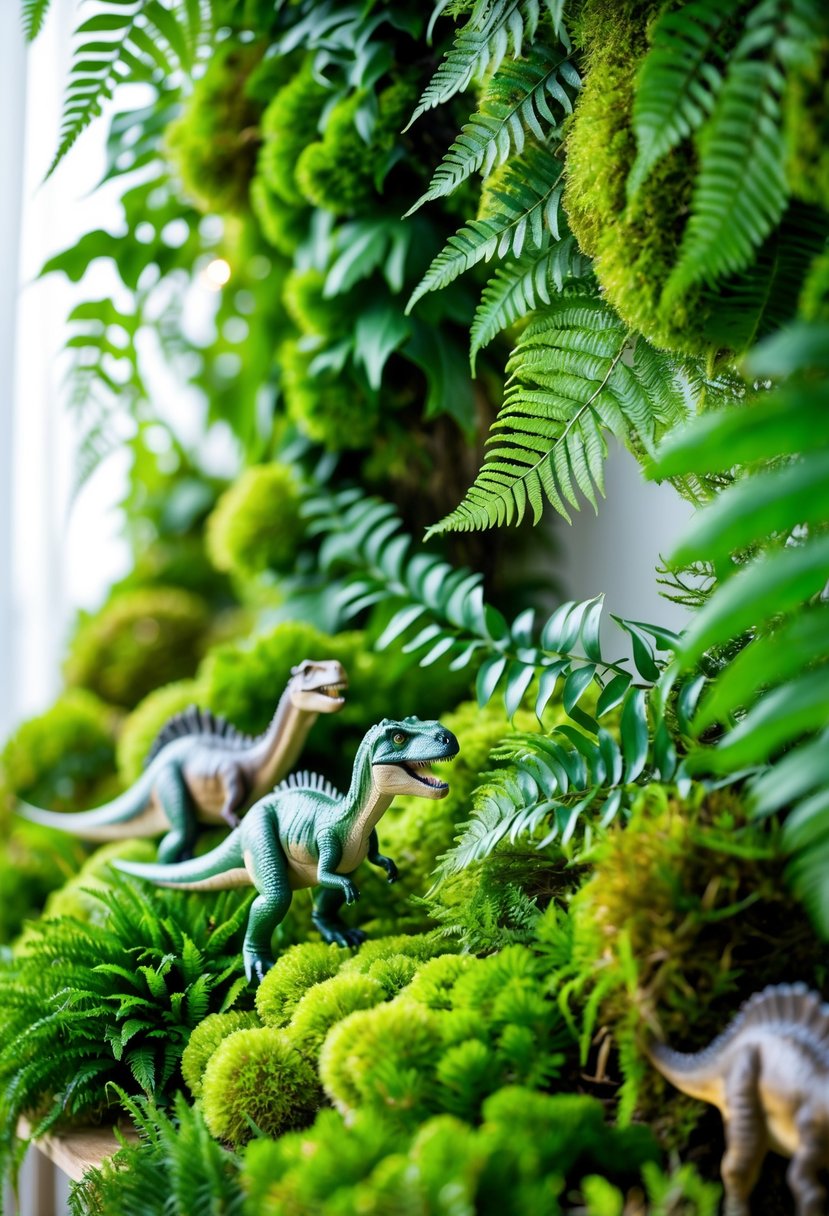 Green moss and fern garlands arranged with small dinosaur decorations for a dinosaur-themed party.