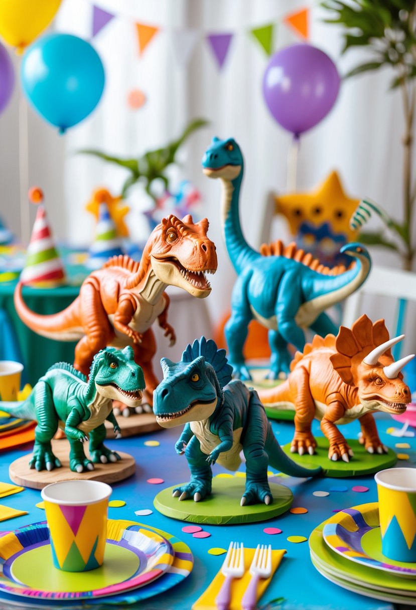 A table decorated with colorful dinosaur clay models as party favors and decorations surrounded by balloons and party items.