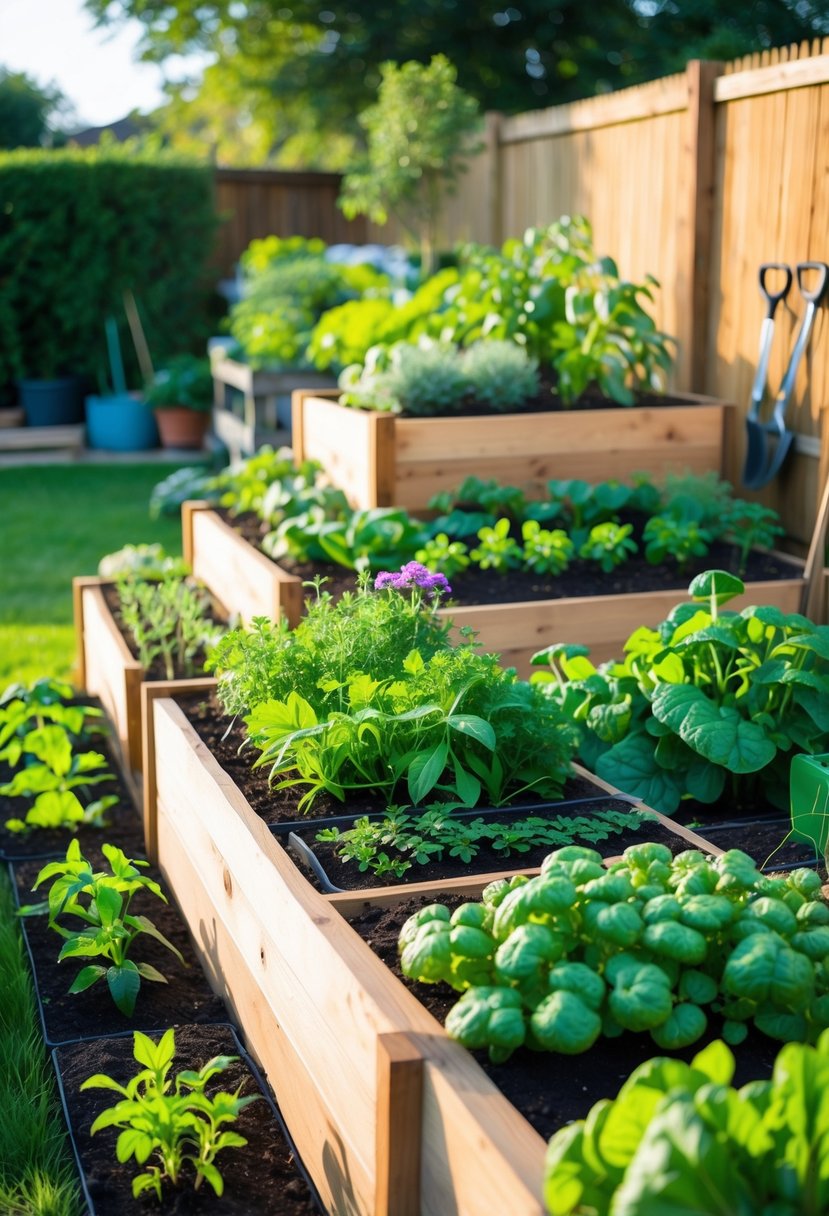 Outdoor garden with multiple tiered raised wooden beds filled with various plants and vegetables in a backyard setting.