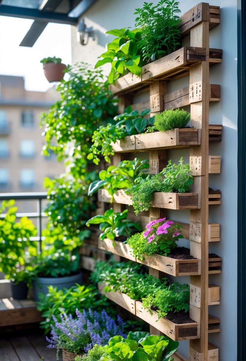 Vertical wooden pallet garden filled with green plants and colorful flowers in a small outdoor space.