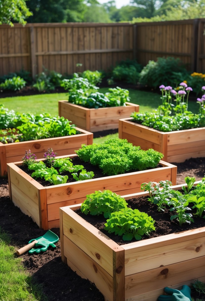 Multiple cedar wood raised garden beds filled with green plants and flowers in a sunny backyard garden.