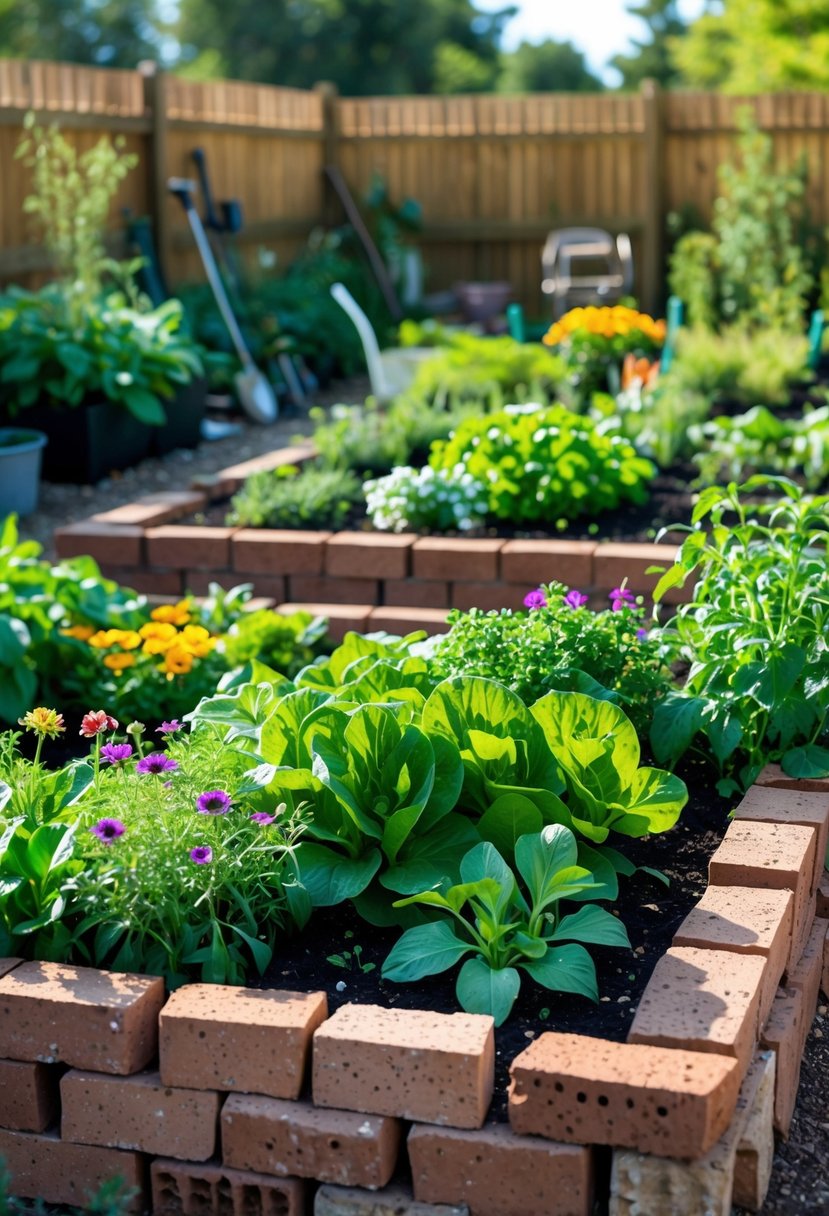 Raised garden beds bordered with recycled bricks filled with green plants and flowers in a sunny garden.