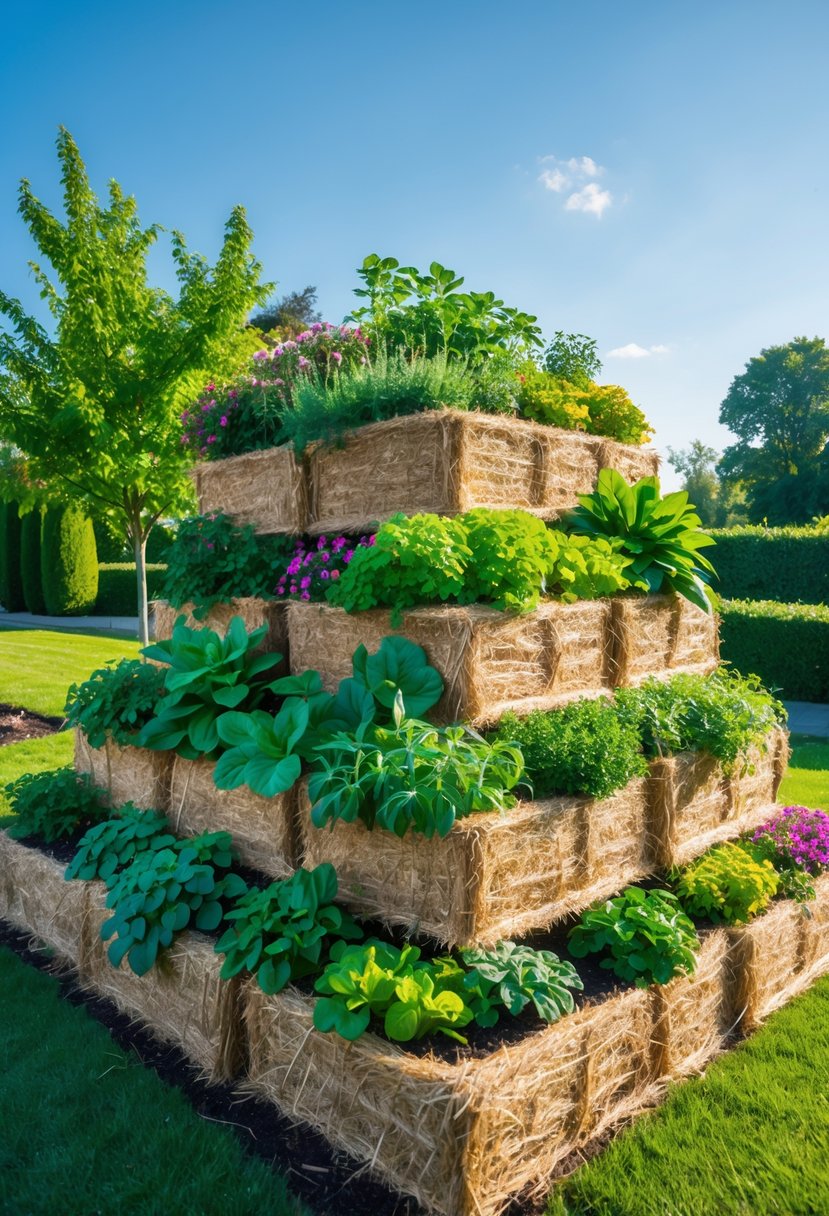 Stacked hay bales arranged as garden beds filled with various green plants and colorful flowers outdoors on a sunny day.