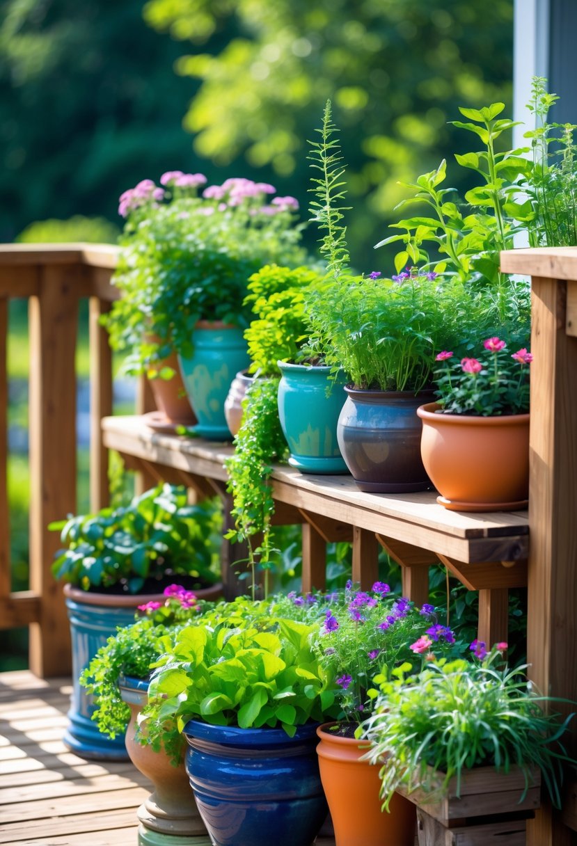 Outdoor deck railing decorated with various colorful potted plants and flowers arranged in containers.