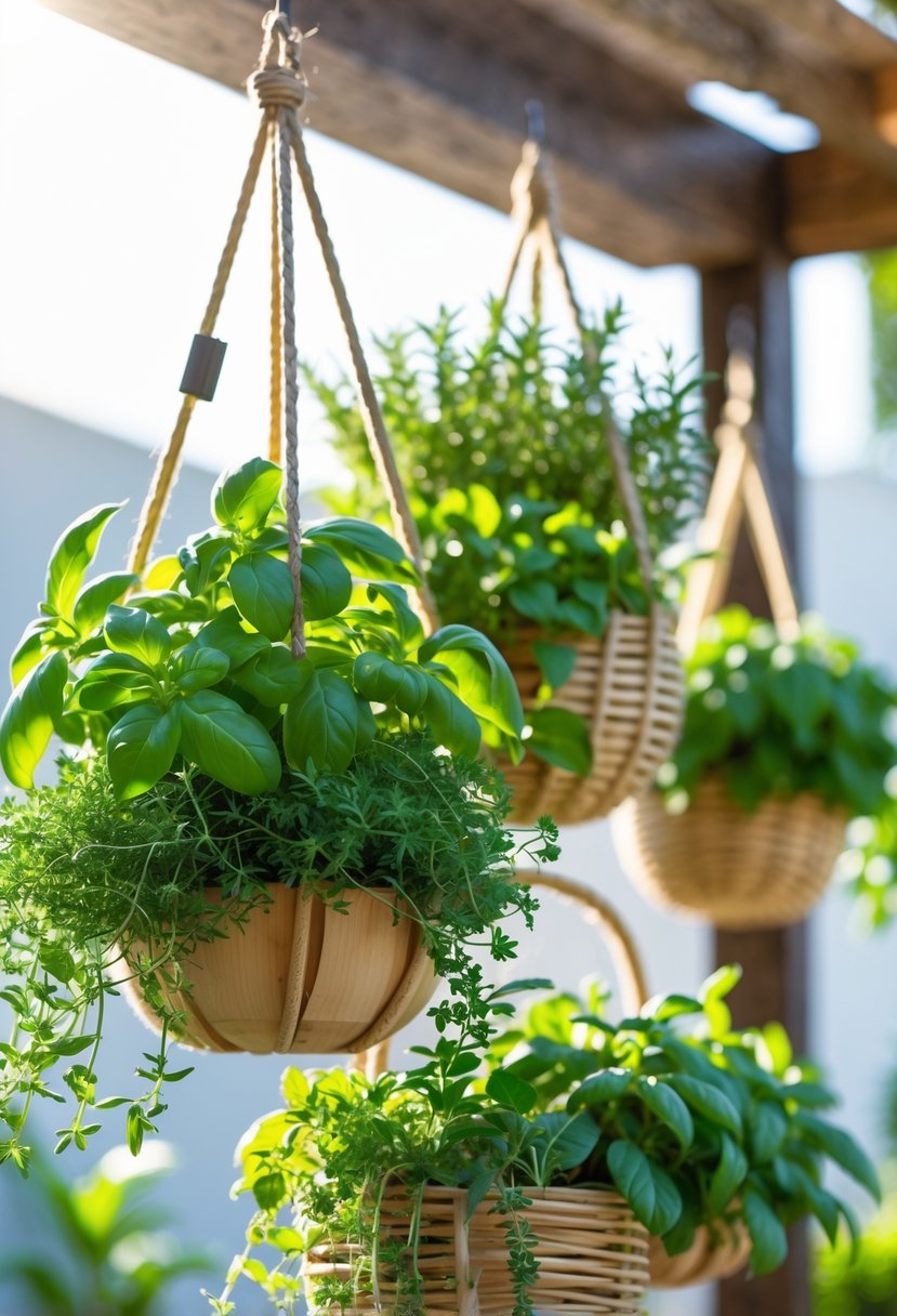 A hanging above ground herb garden with various green herbs growing in multiple suspended planters outdoors.