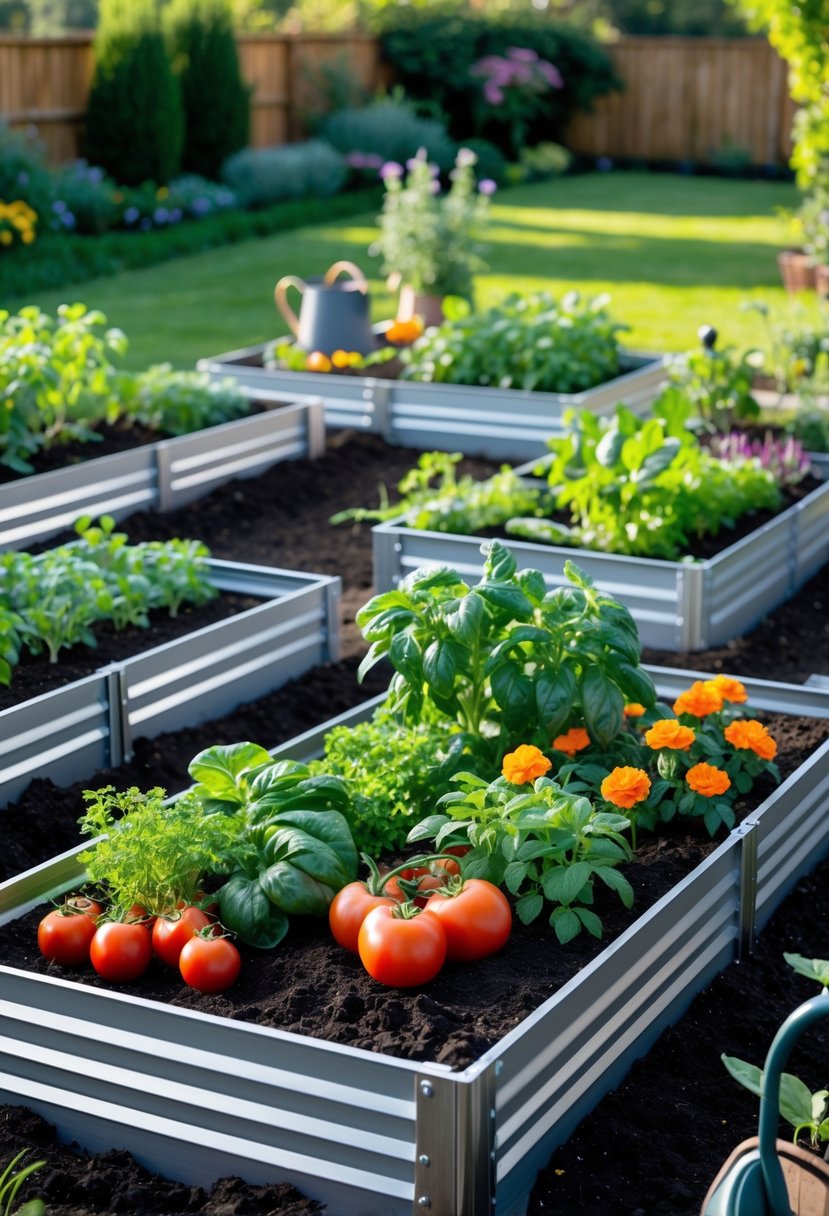 Outdoor garden with multiple modular metal raised beds filled with various vegetables and flowers under natural sunlight.