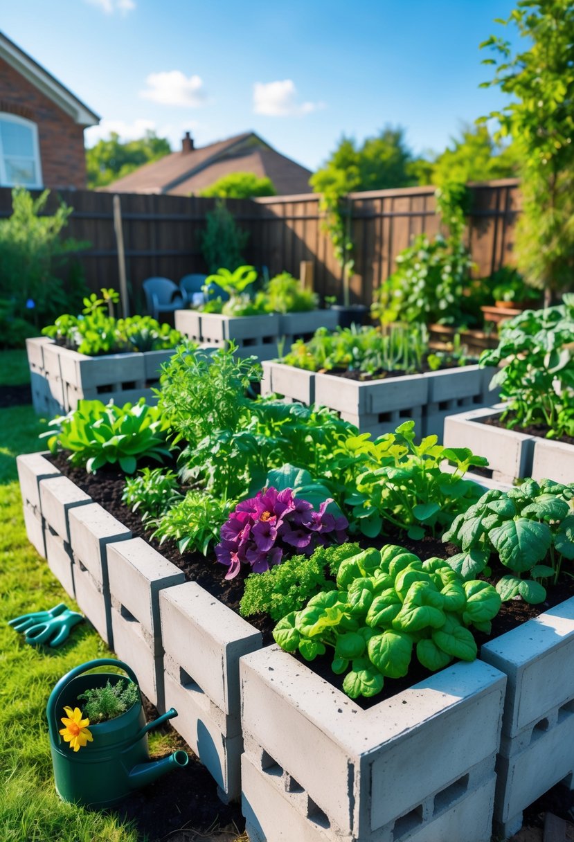 Outdoor garden with multiple concrete block raised beds filled with vegetables, herbs, and flowers under a clear sky.